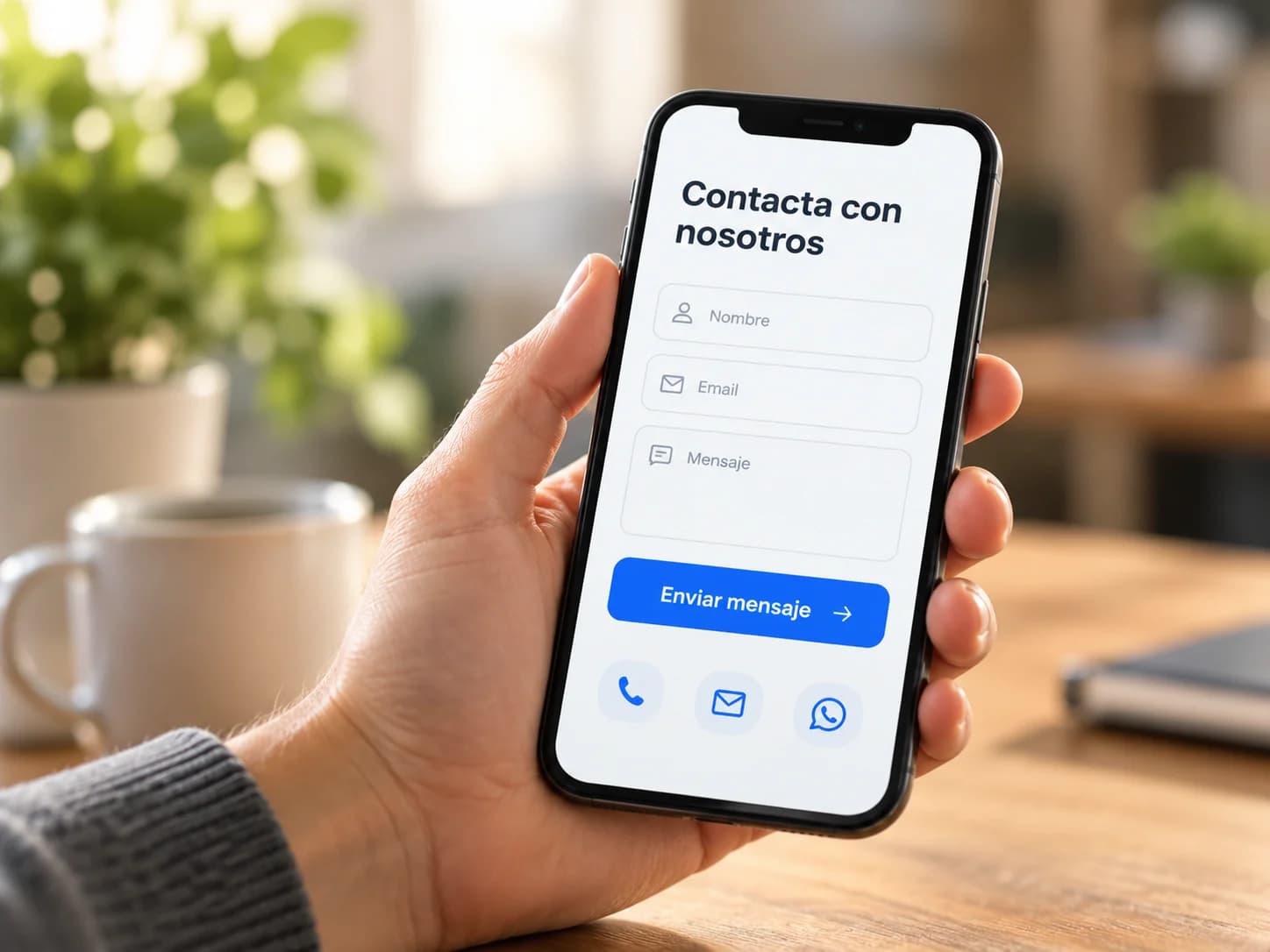 Mano sosteniendo un móvil con un formulario de contacto